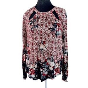 Lucky Brand Boho Cottage Floral Geometric Cut Out Long Sleeve Top Red Cream‎ M